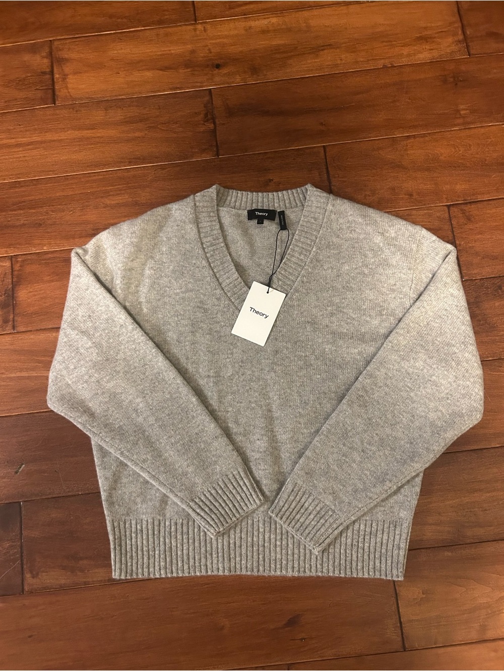 Theory Light Gray V-Neck Cashmere Blend Sweater